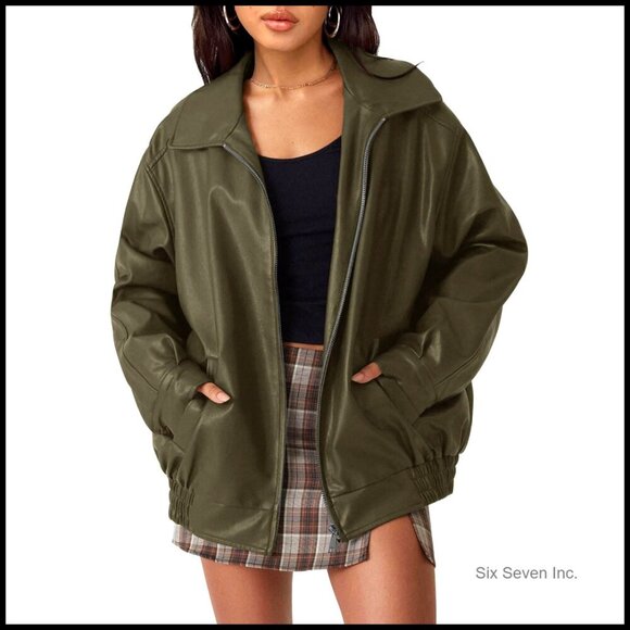 Jackets & Blazers - Oversized Faux Leather Motorcycle Jacket Zipper Closure Relaxed Fit